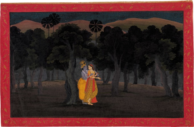 ‘The Lovers Radha and Krishna in a Palm Grove’; miniature painting from the ‘Tehri Garhwal’ <i>Gita ­Govinda</i> (Song of the Cowherds), Punjab Hills, kingdom of Kangra or Guler, circa 1775–1780