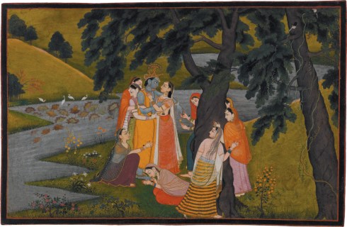 ‘Krishna and the Gopis on the Bank of the Yamuna River’; miniature painting from the ‘Tehri Garwhal’ <i>Gita Govinda</i>, circa 1775–1780
